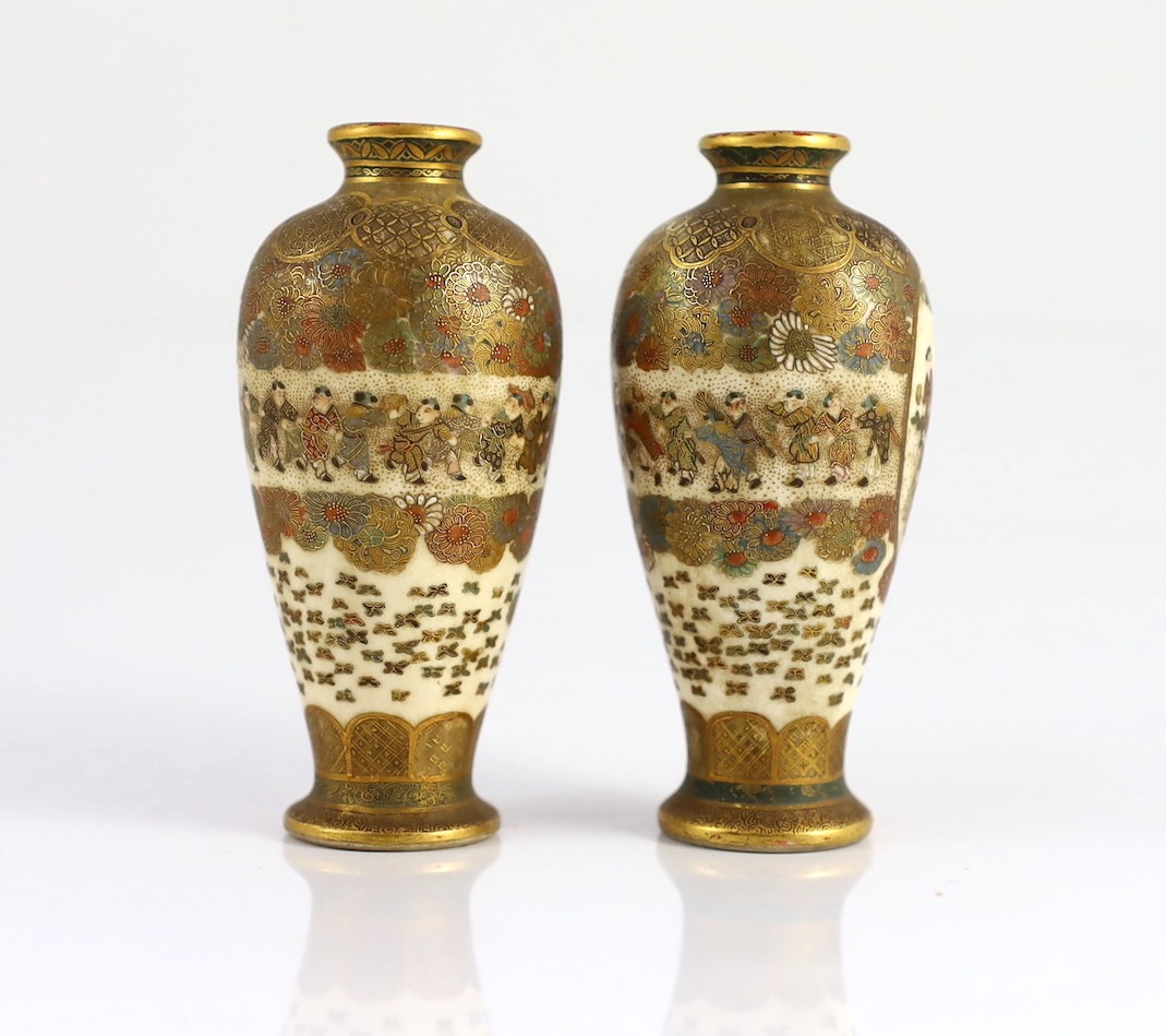 A pair of Japanese Satsuma pottery vases, signed Hankizan, Meiji period, 8.9cm high